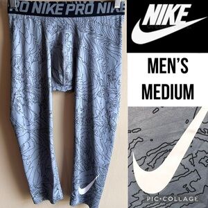 Nike Mens Tights Pro 3/4 Compression Gray Black Print Lightweight Mid Rise Sz M